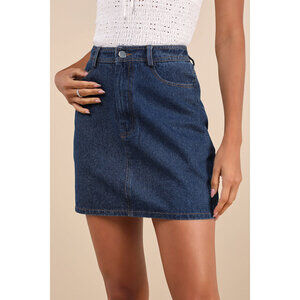 Lulus Enviably Cool Dark Wash Denim Mini Skirt Blue - Size XL